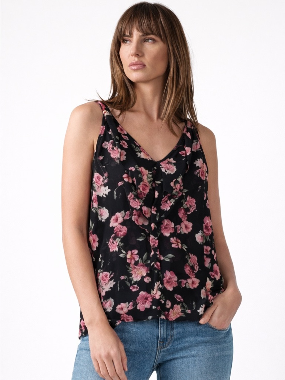 Siren Lily Floral Blouse 2X Black Pink Sleeveless V-Neck Flowy Top Plus Size